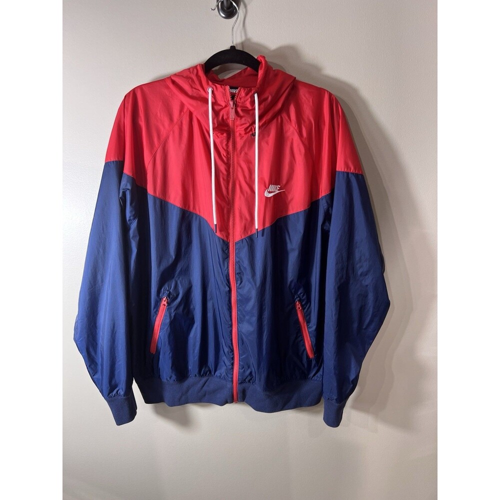 Nike Windbreaker Mens Large Blue Red Colorblock Full Zip Hooded Lined